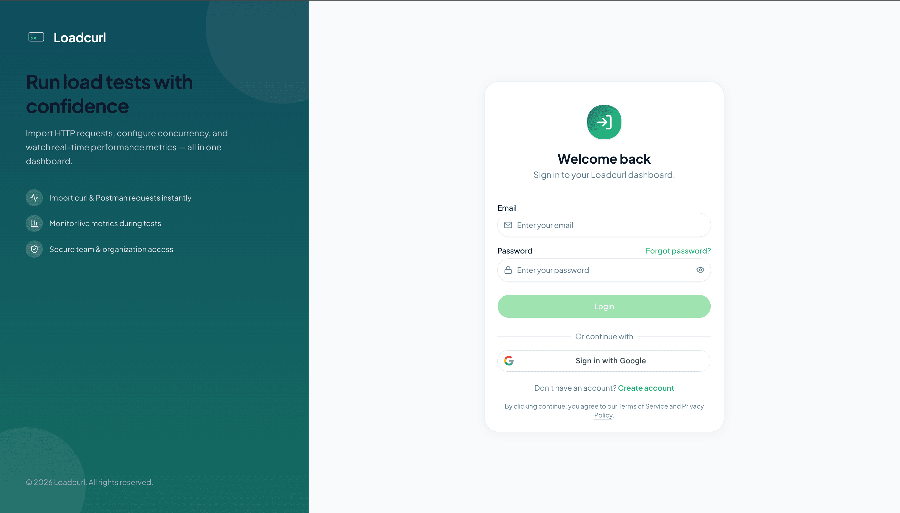 Load Curl sign-in page with email, password, and Google login options