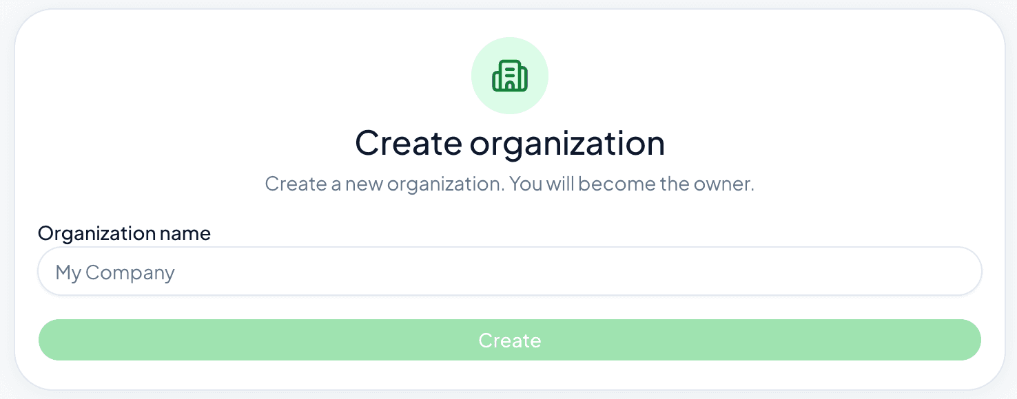 Create organization form with organization name field