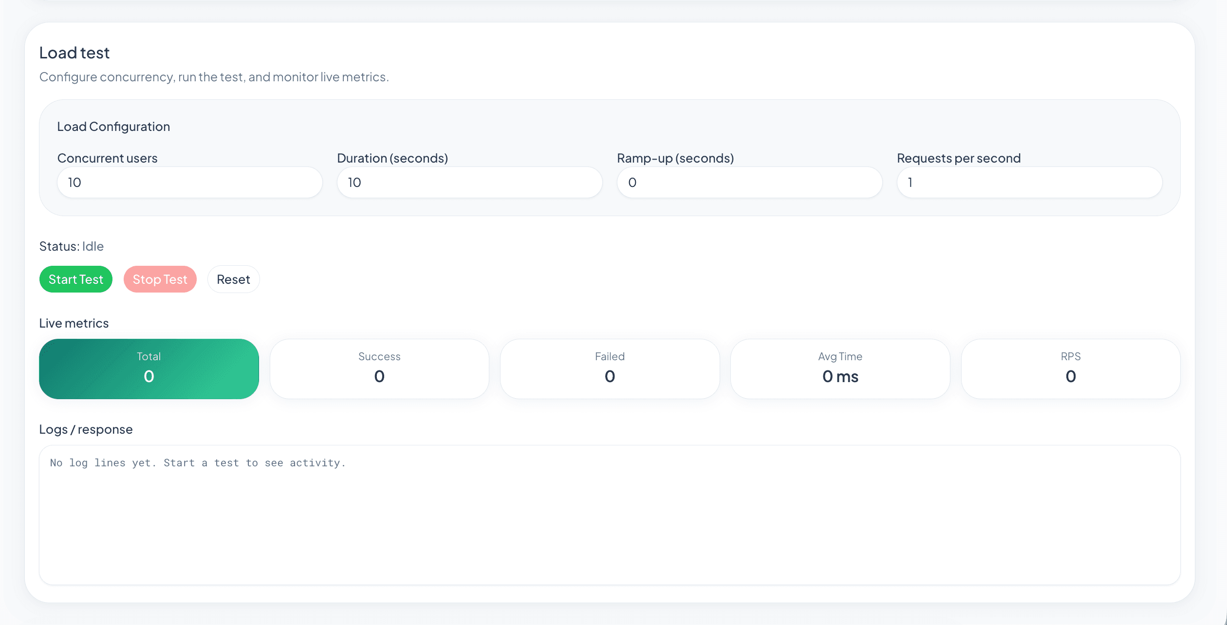 Full load test view with configuration, controls, live metrics, and log panel