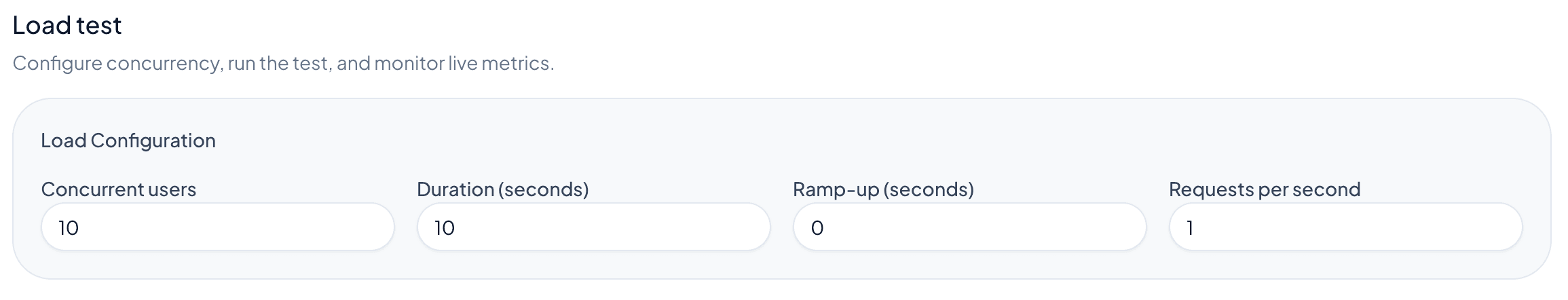 Load configuration form with concurrent users, duration, ramp-up, and requests per second fields