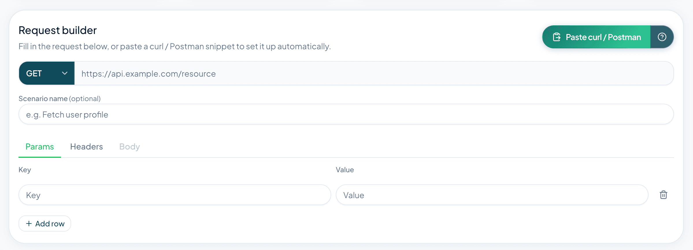 Request builder with HTTP method, URL, scenario name, and Params tab