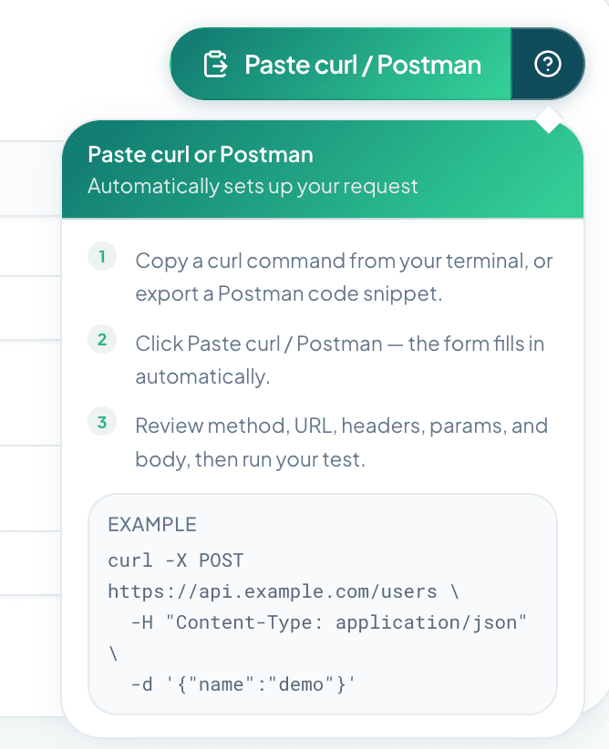 Paste curl or Postman button with help panel showing three steps and an example curl command